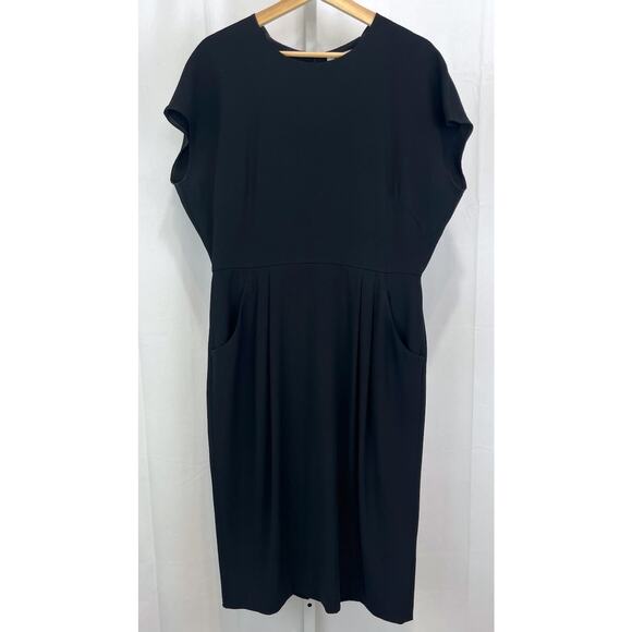 MM. LAFLEUR Masha Dress Cap Sleeve Midi Sheath Pockets LBD Crepe Black Size 12 - Picture 1 of 10